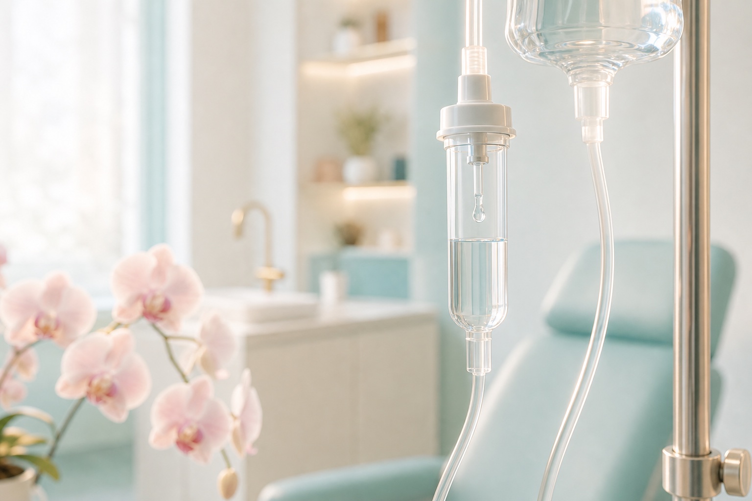 Modern IV infusion setup in a calm treatment room with soft orchid accent